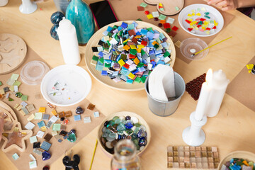 Materials and tools for making colored glass mosaics. Master class on making mosaic panels