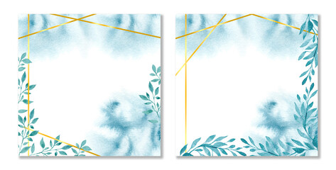 Watercolor card, banner, invitation with watercolor stains. Empty template with tree branch and square golden frame.