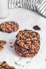 Sweet cookies with chocolate icing on the table. Breakfast concept.
