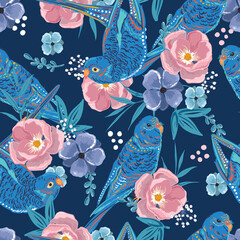 Schöne handgezeichnete Papageienvögel im blühenden Garten zarte Stimmung Nahtloses Muster Vektor Illustration Design für Mode, Stoff, Textil, Tapete, Cover, Web, Verpackung