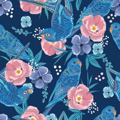 Behang Papegaai Mooie Hand getrokken papegaaien vogels in de bloeiende tuin delicate stemming naadloze patroon vector illustratie ontwerp voor mode, stof, textiel, behang, dekking, web, inwikkeling