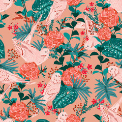 Hand drawn Artistic Parrots birds in the blooming garden delicate mood Seamless pattern vector Illustration Design for fashion , fabric, textile, wallpaper, cover, web , wrapping and all prints © MSNTY_STUDIOX