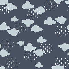 Cute Hand drawn Vector clouds rainy Season seamless pattern cartoon background with rain drops vector illustration,Design for fashion , fabric, textile, wallpaper, cover, web ,