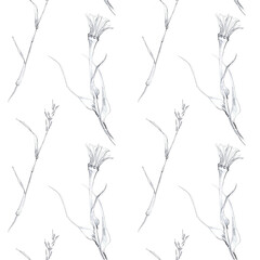 Botanical sketch in pencil, seamless pattern of flowers on an isolated white background, drawing of plants for printing on fabric or paper.