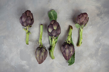 Artichokes isolated on a gray background. Top view. Copy space.