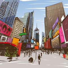 City hand drawn unique perspectives, vector illustration. New York city Times square