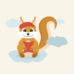 Squirrel with a pillow and a sleep mask. Squirrel for a children's room, for a poster or postcard