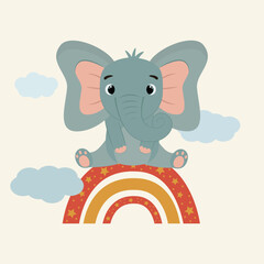 Elephant on a rainbow in the clouds -  for a children's room, for a poster or postcard