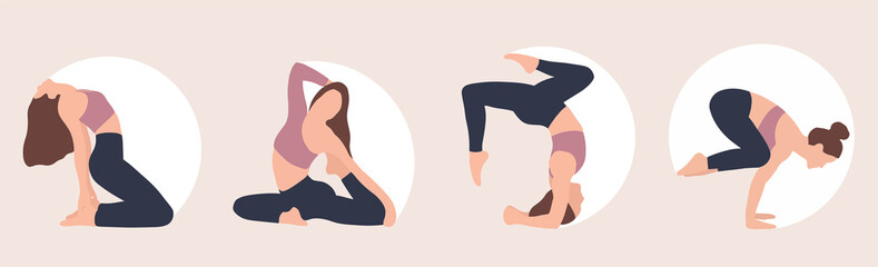 Bundle of woman demonstrating various yoga positions isolated on light background. Colorful flat vector illustration.	