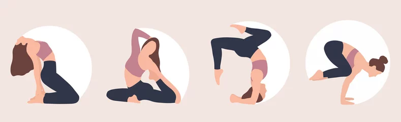  Bundle of woman demonstrating various yoga positions isolated on light background. Colorful flat vector illustration.  © Margot