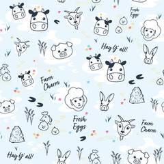 Light Blue Friendly Farm Animal Faces outline doodles