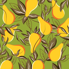 Pattern with pears on a green background. Plants and flowers.  Vector stock illustration. Flat style. Cartoon. Beautiful and elegant print for fabric.