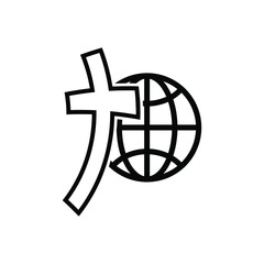 Obraz premium Earth globe icon with christian cross. Black cross icon. Abstract religious logo. Christian cross icon. Vector illustration. Linear symbol of church