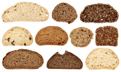  slices of different bread , whole grain, white, rye, wheat, sourdough bread, isolated on the white background