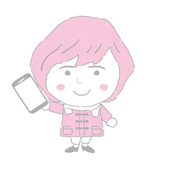 スマホを持つ若い女性　シンプルカラー