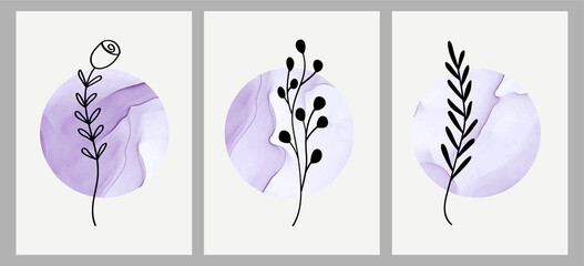 Set of creative hand painted abstract shapes in one line. Place for text. Minimalistic images of icons: flowers, leaves, watercolor. For postcard, placard, placard, brochure, cover design, web.