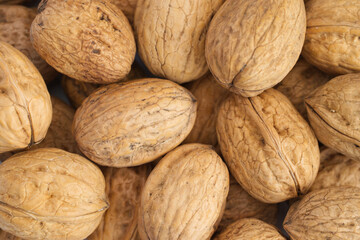 close up of brown walnut pile background, natural walnuts, raw food in hard shell with full protein from vegetarian. health nut concept. top view