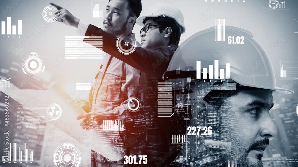Poster future building construction and inventive engineering project concept with hud hologram graphic des