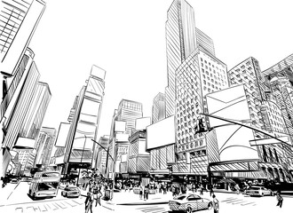 City hand drawn unique perspectives, vector illustration. New York city Times square - 483560234