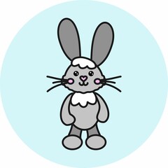 Gray rabbit with a pink nose on a blue background. Vector illustration with a cute bunny in pastel shades. Easter card. Illustration for children's textiles and children's print.