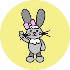 Baby vector illustration with a gray bunny on a yellow background. Isolated cute rabbit waving its paw. Cartoon bunny for children's games, posters, postcards, textiles, print.