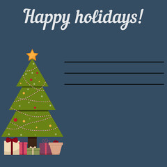 Christmas card with Christmas tree and gifts.