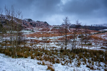 Snow covers low fells in the Langdale Valley, English Lake District
