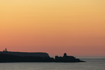 Fototapeta premium Fort La Latte near Saint Cast le Guildo on Brittany coast from the sea or with sunset