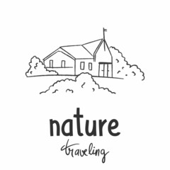 Vector nature traveling landscape background. Road in the forest, mountains, hills, trees, clouds and lettering on the sky. Hand drawn doodle illustration of nature.
