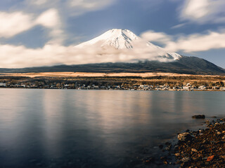 Mountain natural landscape beautiful background winter season. Mountain top snow and blue sky and blue water lake. Freezing water. Famous mountain Mt.Fuji In Japan