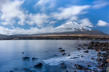 Mountain natural landscape beautiful background winter season. Mountain top snow and blue sky and blue water lake. Freezing water. Famous mountain Mt.Fuji In Japan