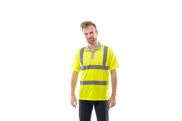 A middle-aged white man wearing a green uniform t-shirt standing over an isolated white background. He looks happy and smiles, a smirk on his face. Worker and builder concept.