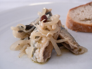 Sarde in Saor, Venetian Marinated Sardines with Onion, Raisins and Pine Nuts from Venice, Italy