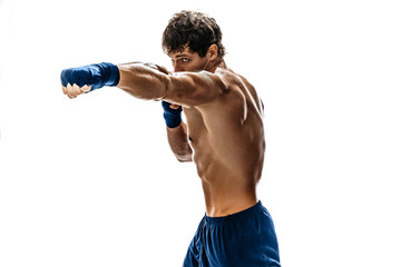 Side view of boxer who training and practicing jab on white background. sport, healthy lifestyle. - obrazy, fototapety, plakaty