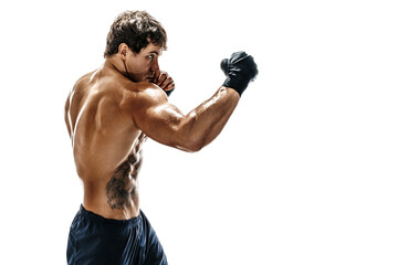 Side view of boxer who training and practicing uppercut on white background. sport concept  - obrazy, fototapety, plakaty