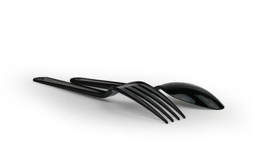 Set of black plastic spoon and fork for takeaway or travel , Kitchen utencils set for online delivery service,. eco plastic recycling for Picnic.