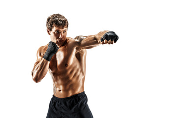 Portrait of male boxer who training and practicing jab on white background. sport, healthy lifestyle - obrazy, fototapety, plakaty