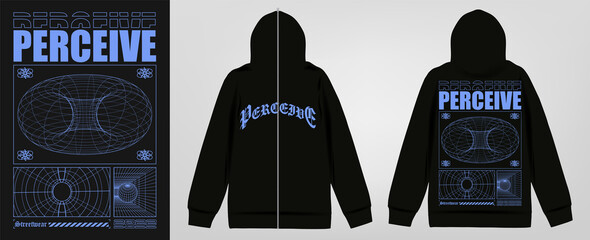 Modern poster with text "PERCEIVE", print for zip hoodie. In Techno style, stylish print for streetwear, print for t-shirts and hoodies, isolated on black background © BonkiStudio