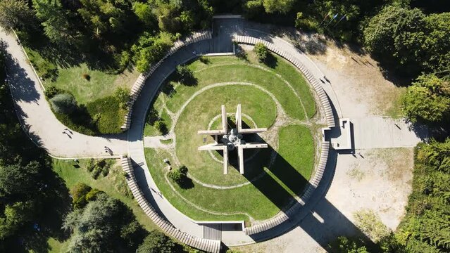 Aerial view of Memorial of Flag of Peace (Zname na mira) International Children's Assembly at park Kambanite (The bells) in Sofia, Bulgaria