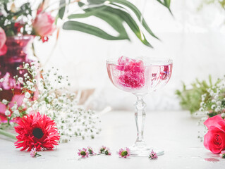 Champagne glass with pink petal and sparkling drink on white kitchen table with beautiful colorful summer bouquets. Elegant festive drink with flowers. Front view.