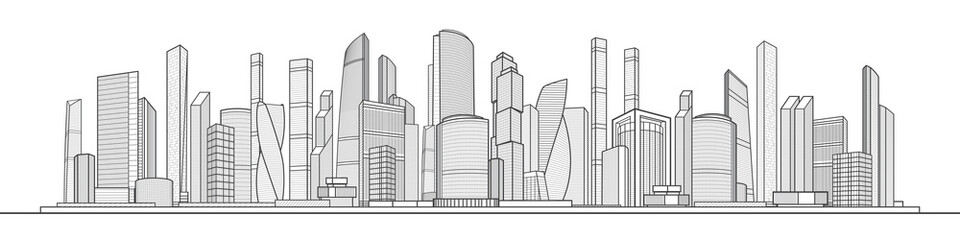 Modern town. Urban city complex. Business center. Citycape pamorama. Infrastructure outlines illustration. Black outlines on white background. Vector design art