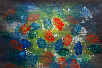 Drawn color leaves on abstract background.