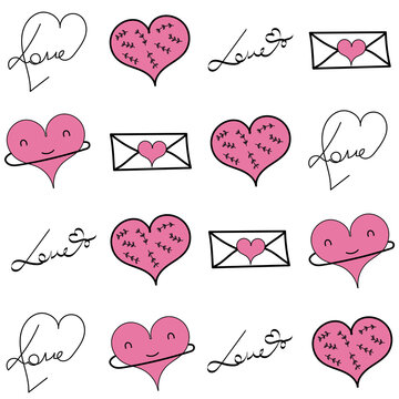 Fototapeta Valentine's Day pattern with hearts, inscriptions and letters