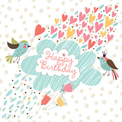 Naklejka premium Happy Birthday. Cute card with birds, flowers, hearts.