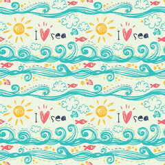 Background with a ship, sea, fish and sun. Seamless pattern in the concept of children's drawings.