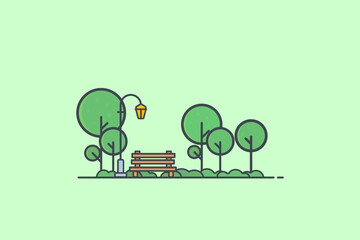City park bench, lawn and trees, street lamp. Flat style line vector illustration. Green park in center of town. Parks and recreation concept.