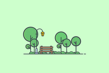 Fototapeta premium City park bench, lawn and trees, street lamp. Flat style line vector illustration. Green park in center of town. Parks and recreation concept.