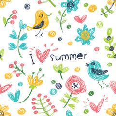 Seamless summer pattern with cute birds, flowers and clouds.