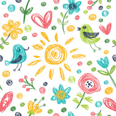 Fototapeta na wymiar Seamless vector background with birds and flowers. Children style.