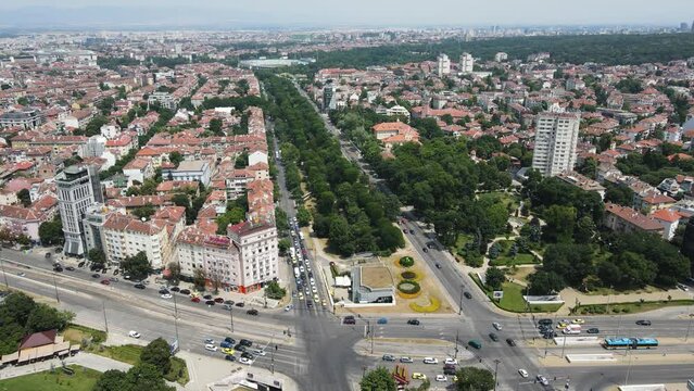Amazing Aerial view of city of Sofia near National Palace of Culture, Bulgaria